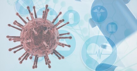 Digital illustration of a macro Coronavirus Covid-19 cell And medical icons 