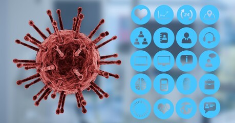 Digital illustration of macro Coronavirus Covid-19 cell and social icons 