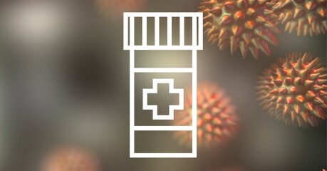Digital illustration of a jar of medical pills over macro Coronavirus Covid-19 cells 