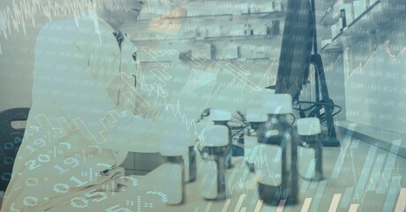 Digital illustration of a pharmacist working in a pharmacy over data processing