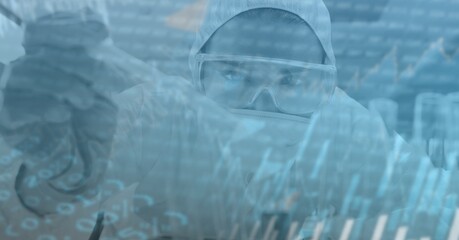 Digital illustration of a scientist wearing coronavirus covid19 mask over data processing