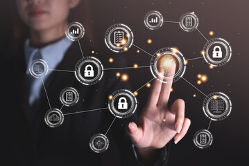 women hand scans finger on virtual screen to access sensitive data, data protection personal...