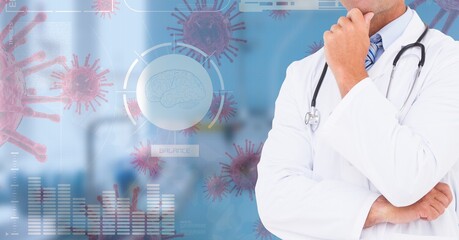Digital illustration of a doctor touching his chin over macro Coronavirus Covid-19 cells floating