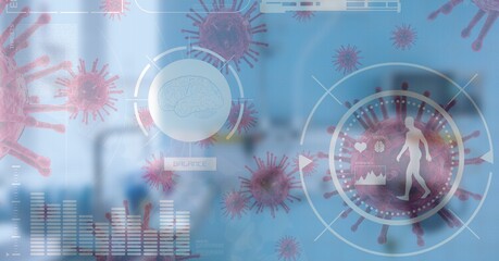 Naklejka premium Digital illustration of macro Coronavirus Covid-19 cells floating, scope scanning on blue background