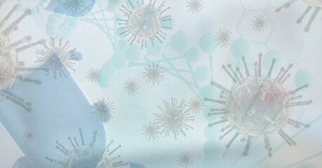 Digital illustration of macro Coronavirus Covid-19 cells floating on white background