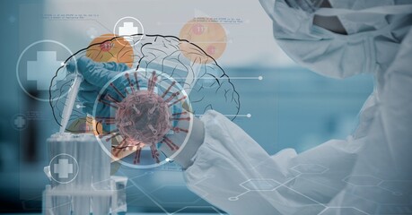 Digital illustration of a scientist wearing a face mask over a human brain drawing