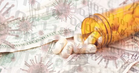 Digitally illustration of medical pills lying on american dollar banknotes over macro coronavirus