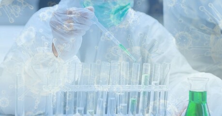 Digital illustration of a scientist wearing coronavirus Covid19 mask over macro cells floating 