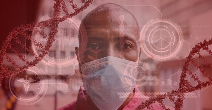 Digital illustration of a man wearing coronavirus covid19 mask over DNA strains and data processing