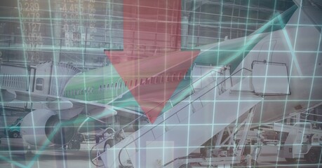Digital illustration of a plane standing in an airport over data processing and statistics