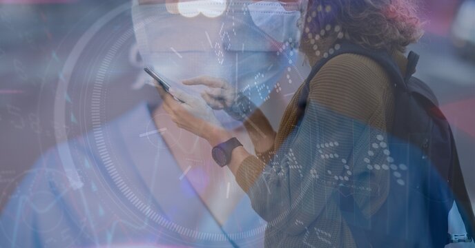 Digital illustration of a doctor wearing a face mask over a woman walking on a street