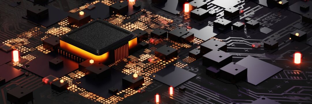 3D rendering CPU or Processor chip on motherboard electronic device and Circuit board, Artificial Intelligence concept technology background