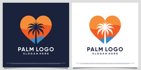 Fototapeta na wymiar Palm tree icon logo vector illustration with heart shape element and creative unique concept