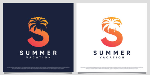 Summer logo design template initial letter s with palm tree icon and modern unique concept