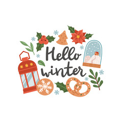 Hello winter phrase with wreath lettering vector