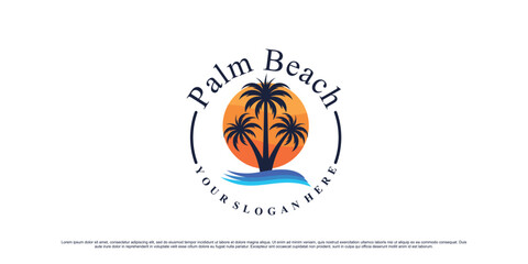Palm tree and beach logo design for holiday summer icon with creative modern concept