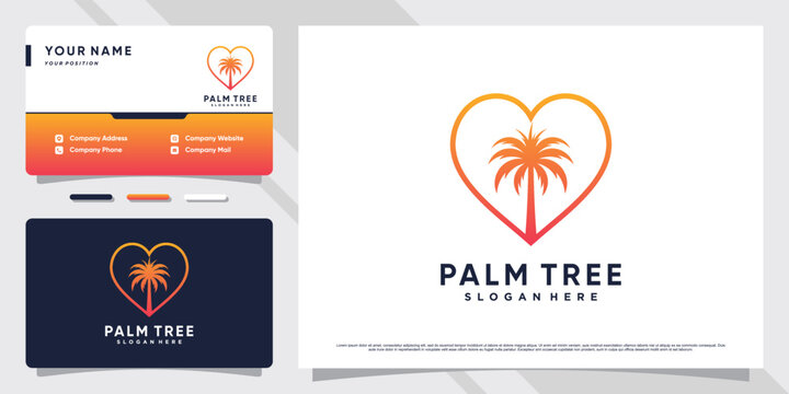 Palm tree icon logo design with heart shape element and business card template