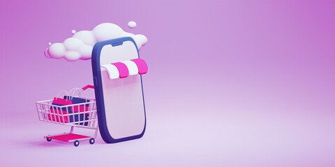 Online shopping store on a website and mobile phone design. Smart business marketing concept in pink with a horizontal view 