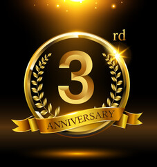 Naklejka premium 3rd golden anniversary logo with ring and ribbon, laurel wreath