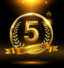 5th golden anniversary logo with ring and ribbon, laurel wreath - obrazy, fototapety, plakaty