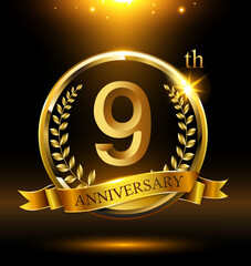 9th golden anniversary logo with ring and ribbon, laurel wreath