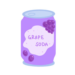 Hand-drawn cute isolated clipart illustration of grape soda can packaging
