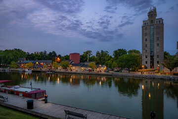 Early evening photo of Schoen Place and the Erie Canal in the Village of Pittsford, New York.
