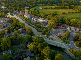 Early evening aerial photo of Schoen Place and the Erie Canal in the Village of Pittsford, New...