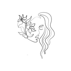 Girl with flower, abstract female silhouette, continuous line drawing, print for clothes and logo design, small tattoo, emblem or logo design, isolated vector illustration.