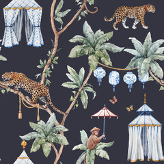 Beautiful tropical seamless pattern with watercolor hand drawn palm trees jaguar monkey with sun umbrella and old styled tent. Stock illustration. © zenina