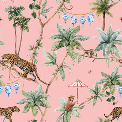 Beautiful tropical seamless pattern with watercolor hand drawn palm trees jaguar monkey with sun umbrella. Stock illustration. - obrazy, fototapety, plakaty
