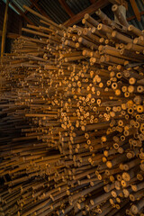 Piles of young and small pieces of bamboo that will be processed into bamboo handicraft products in the cottage industry becomes an attractive background