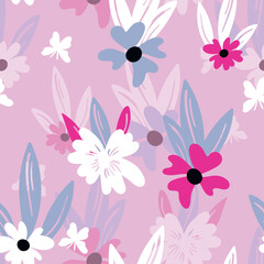 Fototapeta na wymiar Seamless floral pattern based on traditional folk art ornaments. Colorful flowers on color background. Scandinavian style. Vector illustration. Simple minimalistic pattern