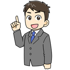 ビジネスマン　指差し　男性　スーツ　ミニキャラ　イラスト
