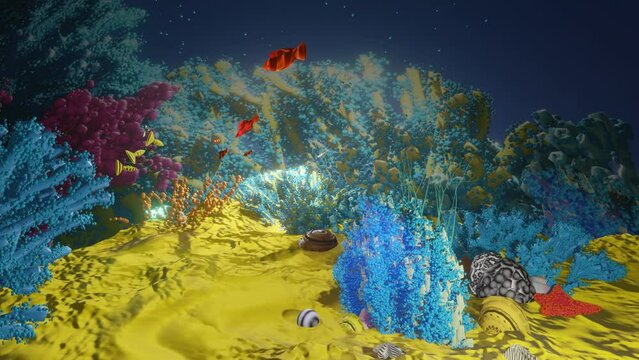 Fish swimming in the sea with coral reef. 4K loop video animation 3D render.