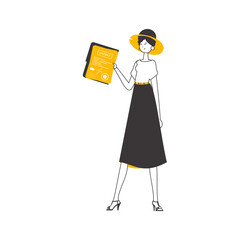 A woman holds a contract in her hands. Minimalistic linear style.  