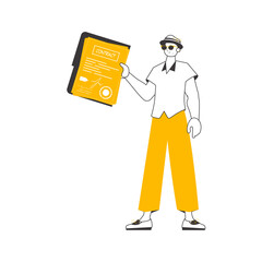 A man holds a contract in his hands. Lineart minimalistic style.  