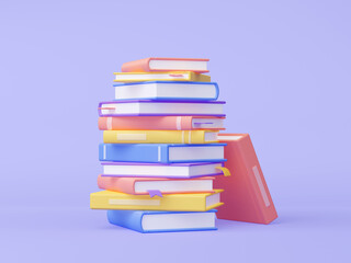 Pile of books 3D render isolated on background. Colorful illustration of hardcover literature volumes stack of different size and color lying on surface. Library icon. Reading hobby and education - obrazy, fototapety, plakaty