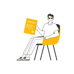 The guy is holding a contract in his hands. Minimalistic linear style.  