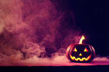 Halloween concept - pumpkin with a scary luminous face in smoke and neon light background, dark, Copy space, 3d illustration.