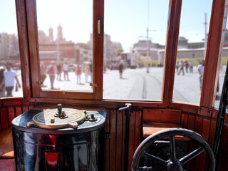 tram interior view in taksim square, close up