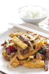 Chinese food, sweet potato and beef stir fried for winter vegetable comfort food