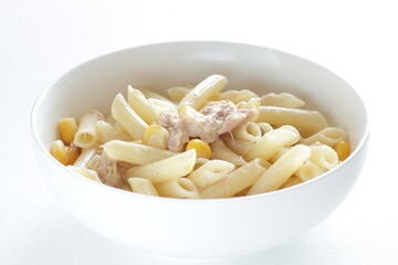 Homemade penne short pasta and tuna with sweet corn salad