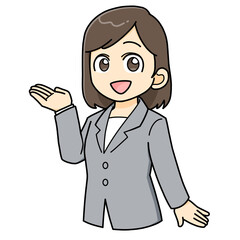 案内　キャリアウーマン　女性　スーツ　ミニキャラ　イラスト