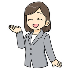 案内　キャリアウーマン　女性　スーツ　ミニキャラ　イラスト