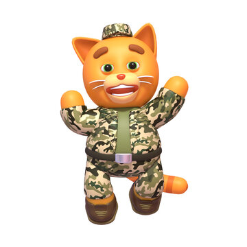 3d render of cute cat in military outfit. Cat soldier celebrating, jumping in joy