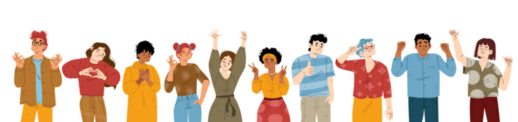 Body language, positive emotions, happiness. People showing gestures. Happy male and female characters show thumb up, ok symbol, victory, yeah and heart gesturing. Cartoon people vector illustration