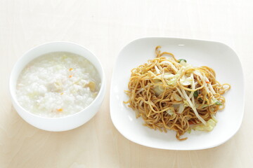 Homemade Chicken congee and soy sprout fried noodles