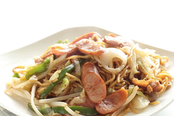 Japanese style sausage and vegetable fried noodles, Yakisoba comfort food