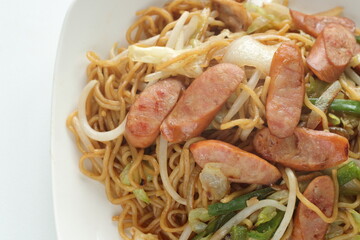 Japanese style sausage and vegetable fried noodles, Yakisoba comfort food
